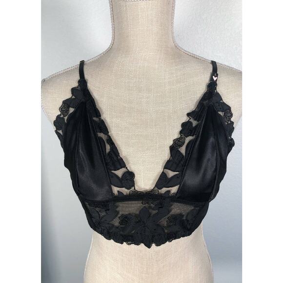 Victoria's Secret Black Floral embroidered Unlined Longline Bralette -XL - Picture 2 of 5